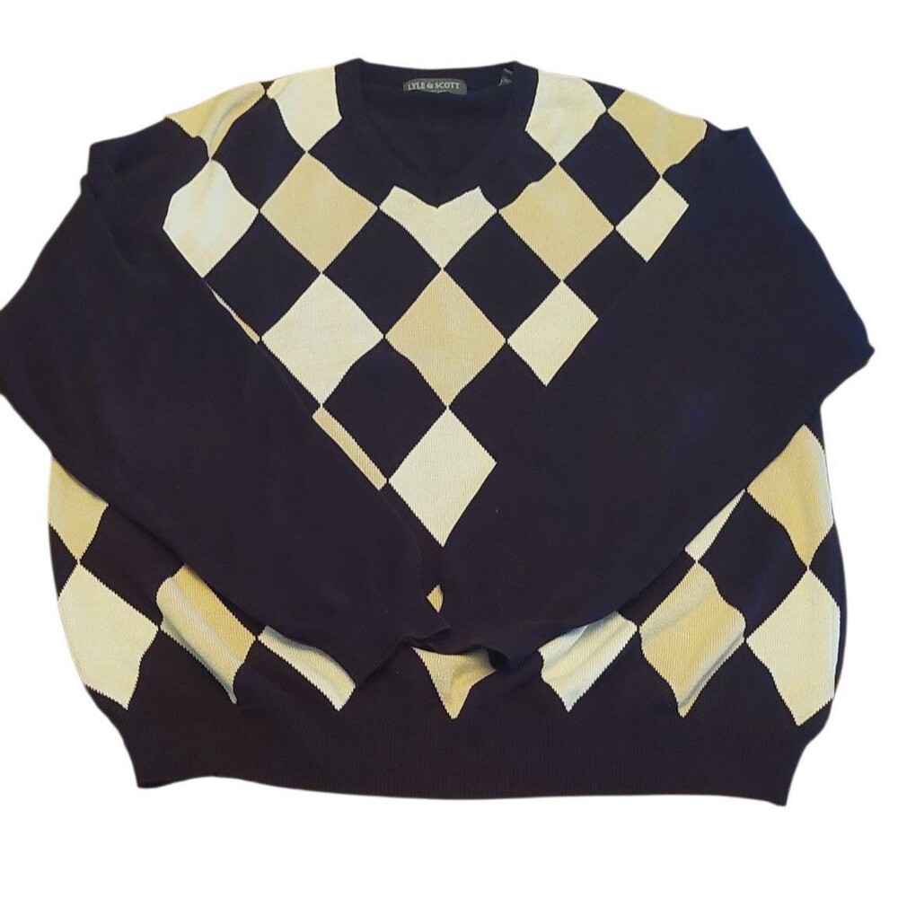 Lyle & Scott Scotland Argyle Sweater Mens L Combed Cotton V-Neck Black Pullover